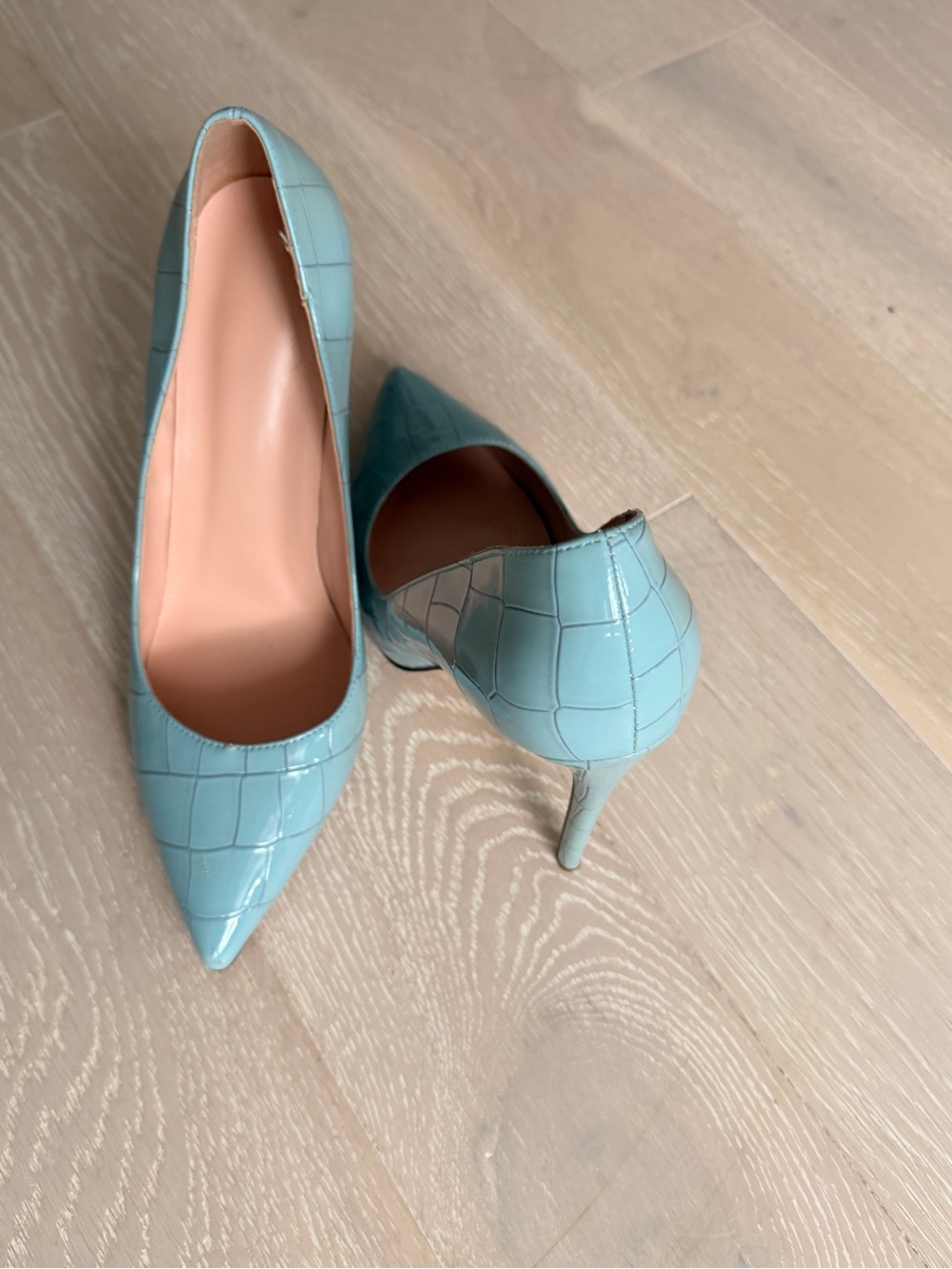Pointed Stiletto Heels in Light Blue Croc-Embossed Leather
